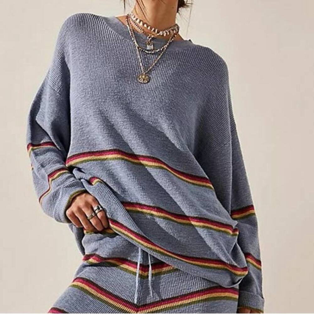 Free People Free-est Mariner Striped Sweater in Dusty Blue Combo Size Medium EUC